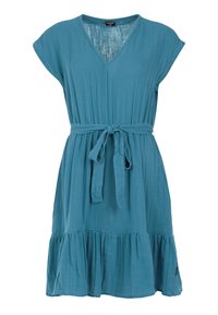 Teal, korte mouw jurk met een V-hals, een ceintuur in de taille en een uitlopende, geplooide zoom. Gemaakt van zachte, lichte stof met een textuurafwerking.