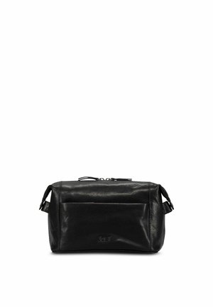 Schwarze rechteckige Ledertasche für Toilettenartikel mit Fronttasche, Reißverschluss oben und seitlichen Griffen auf weißem Hintergrund.