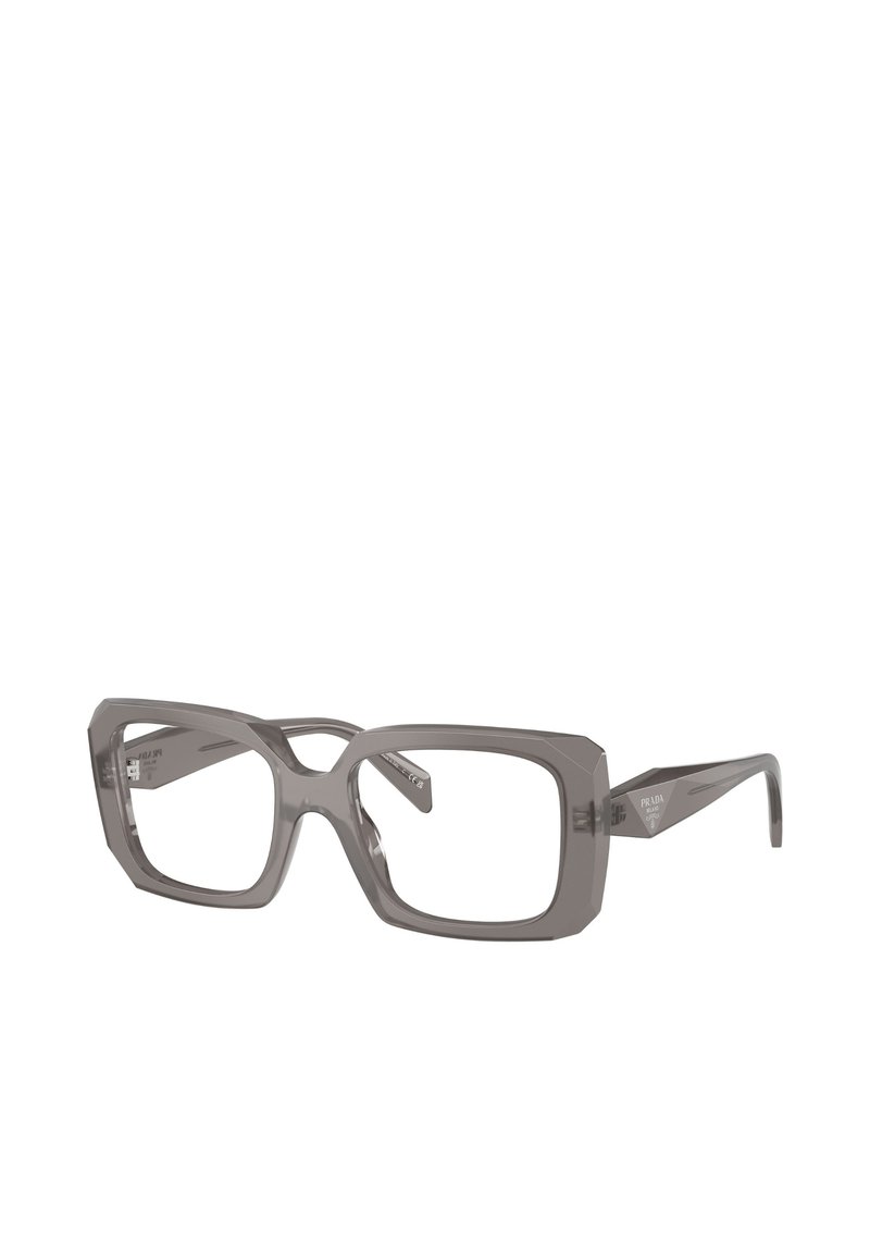 Occhiali rettangolari grigi con un design angolare, realizzati in plastica trasparente, con una montatura spessa e aste leggermente marchiate.