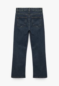 Mörkblå denimbyxor med rak passform, som har femficksdesign, synlig sömnad och en standardmidja.