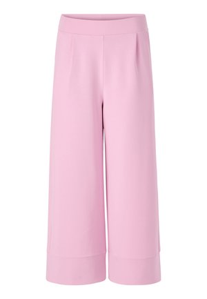High-waist wide-leg cropped pants in solid pastel pink with a folded cuff hem and smooth front seams.