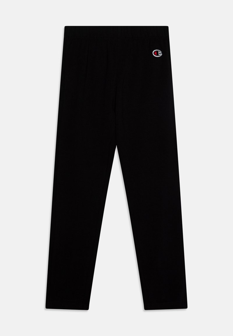 Schwarze Leggings mit einem elastischen Bund, aus einem glatten Stoff gefertigt. Mit einem kleinen gestickten Logo auf der linken Hüfte.