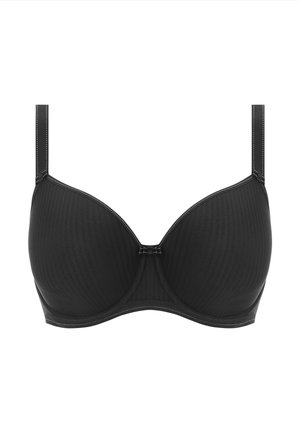 Black push-up bra with a smooth, ribbed texture. Features underwire support, slender adjustable straps, and a front clasp closure.
