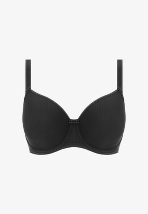 Schwarzer Push-up-BH mit glatter, gerippter Textur. Verfügt über Bügelstütze, schmale verstellbare Träger und einen Verschluss vorne.