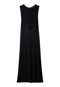 Abito maxi plissettato nero con scollatura rotonda e design senza maniche, caratterizzato da una sottile texture e un corpetto aderente.