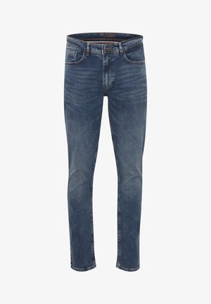 Jeans denim w ciemnoniebieskim kolorze z wyblakłym przetarciem, z klasycznym pięciopakowym krojem, szlufkami na pasek oraz zapięciem na zamek błyskawiczny i guzik.