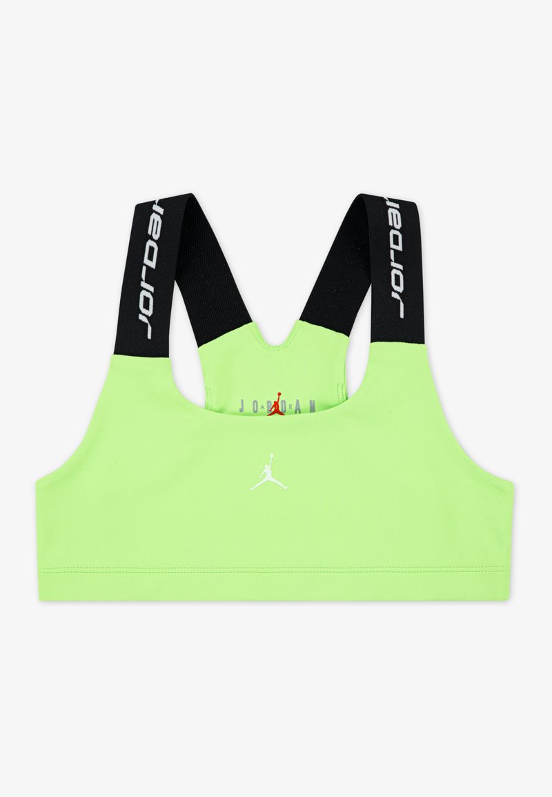 Neon zaļa sporta krūšturis ar melniem siksniņām. Priekšpusē ir balts Jumpman logo un uz siksniņām teksts "Jordan". Gluda tekstūra.