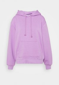 Lila Kapuzenpullover aus weichem Stoff, mit einer Kängurutasche, einer Kapuze mit Kordelzug und gerippten Bündchen. Lockerer Schnitt mit einem lässigen Design.