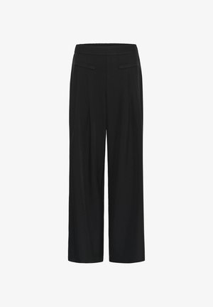 Melni plaša piegriezuma bikses ar augstu jostasvietu un horizontālām ieslēgkabatām priekšpusē, attēlotas uz balta fona.