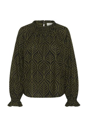 Hosszú ujjú blúz olívazöld és fekete levélmintával, redőzött nyakkivágással, apró hátsó kulcslyukkal és fodros gumis mandzsettával.