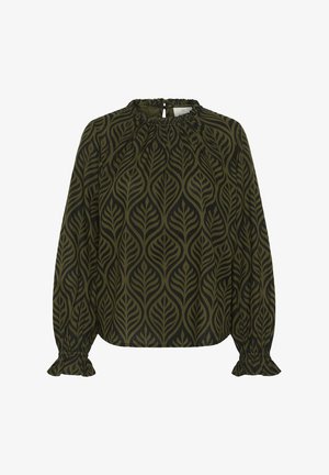 Hosszú ujjú blúz olívazöld és fekete levélmintával, redőzött nyakkivágással, apró hátsó kulcslyukkal és fodros gumis mandzsettával.