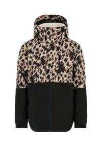 Skijack met een bovenstuk in leopardprint in beige, bruin en zwart, en een zwarte ondersectie. Voorzien van een ritszak op de borst en een zachte voering.