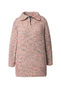 Stickad tröja med krage och fjärdedels dragkedja. Har en blandning av beige, rosa och lila garn för textur och värme.