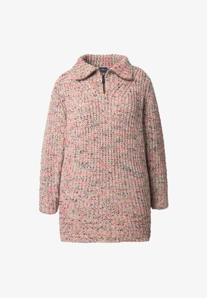 Pullover lavorato a maglia con collo a camicia e zip a quarti. Presenta una miscela di filati beige, rosa e viola per texture e calore.