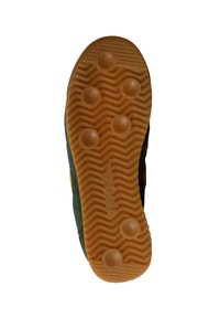 Skosula med ett zickzackmönster och runda grepp. Orange gummimaterial med texturerad yta och en kontrasterande mörkgrön övre kant.