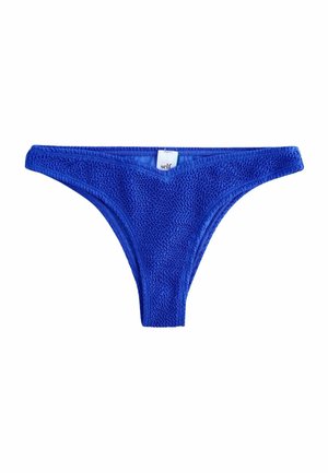 Modré textúrované bikiny s uzlíkovým dizajnom, s nízkym strihom a úzkymi bočnými posuvnými pásmi. Etiketa viditeľná vo vnútri.