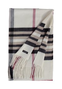 Coperta in misto lana con base crema, caratterizzata da un motivo a quadri in nero, grigio e rosso, e rifinita con bordi frangiati.
