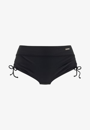 Black swim bottoms with gathered sides, adjustable ties, and a smooth texture. Features a small metallic logo detail on the front.