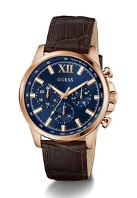 Orologio con cinturino in pelle marrone, quadrante blu navy, indici delle ore dorati e tre sottodiali. Include funzioni di tachimetro e cronografo.