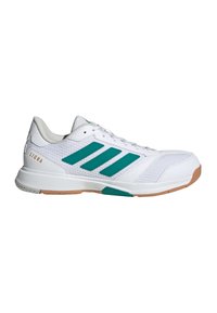 Chaussure de sport blanche avec des rayures bleu sarcelle, semelle en gomme, dessus en mesh et texte « LIGRA » sur le côté du talon.