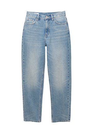 Jean en denim bleu clair avec une taille haute, un design à jambe droite, une coupe à cinq poches et une finition légèrement délavée. Bords d'ourlet propres.
