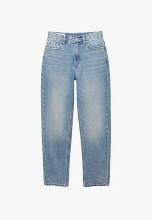 Ljust blå denimjeans med hög midja, rak bendesign, femficksstil och en något urtvättad finish. Rena fållkanter.