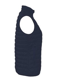 Marineblauwe, mouwloze puffer vest met een hoge kraag, voorzien van horizontaal gestikte secties en een ritszak aan de zijkant.