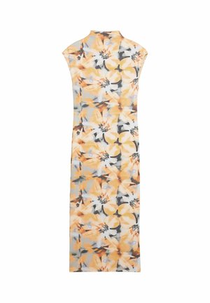 Vestito lungo senza maniche con collo alto, caratterizzato da una grande stampa floreale arancione e grigia su uno sfondo chiaro.
