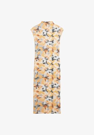 Vestito lungo senza maniche con collo alto, caratterizzato da una grande stampa floreale arancione e grigia su uno sfondo chiaro.