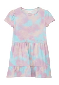 Kurzärmliges Kleid mit Batikmuster in pastellpink und blau, mit schwingendem Saum und gerafften Puffärmeln.