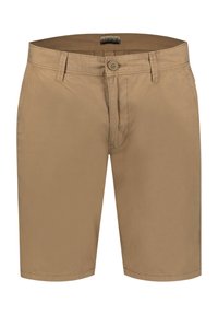 Pantaloni corti beige in cotone con chiusura a bottone, zip e tasche laterali. Presentano una vestibilità dritta e una sottile texture.