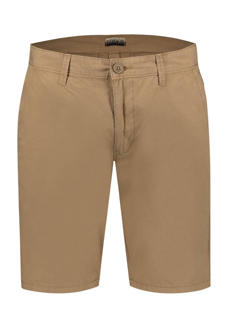 Pantaloni corti beige in cotone con chiusura a bottone, zip e tasche laterali. Presentano una vestibilità dritta e una sottile texture.