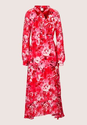 Maxikleid mit floralen Muster in leuchtendem Rot mit pinken und weißen Blumen. Lange Ärmel, V-Ausschnitt, geraffte Taille und fließender Saum. Glatter Stoff.