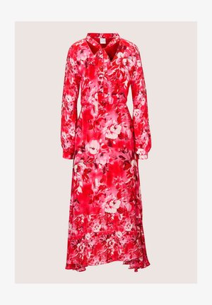 Maxikleid mit floralen Muster in leuchtendem Rot mit pinken und weißen Blumen. Lange Ärmel, V-Ausschnitt, geraffte Taille und fließender Saum. Glatter Stoff.