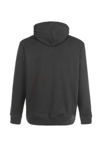 Svart huva sweatshirt med känguruficka och ribbade ärmslut. Mjuk tyg med en slät yta och avslappnad passform. Bakvy visas.