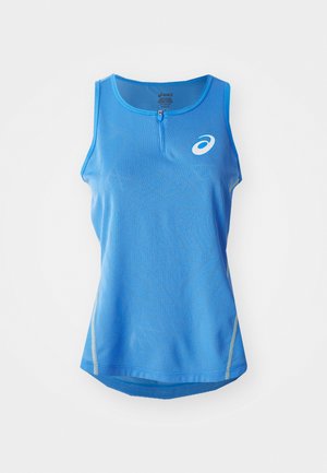 Blauw sportief tanktop met een rits bij de hals, met een gestructureerd patroon en reflecterende accenten aan de zijkanten.