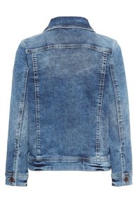 Giacca di denim in azzurro chiaro con colletto classico, maniche lunghe, polsini abbottonati e due cuciture sul yoke posteriore. Texture usurata visibile.