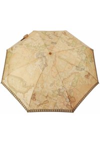 Ombrello ottagonale con un design di mappa del mondo vintage nelle tonalità beige, con una bordatura in marrone e un bottone centrale in legno.