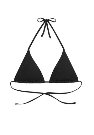 Top bikini a triangolo nero con laccetti regolabili, tessuto strutturato con un motivo sottile e dettagli arricciati alla base per una vestibilità perfetta.
