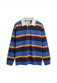 Langermet polo skjorte med blå, svart og rød horisontale striper med gule detaljer. Hvit krage, mykt bomullsmateriale og brodert logo.