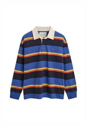 Polo shirt met lange mouwen met blauwe, zwarte en rode horizontale strepen en gele accenten. Witte kraag, zacht katoenmateriaal en geborduurd logo.