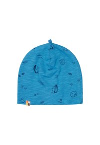 Beanie in cotone blu con una texture morbida. Presenta motivi scuri di animali e della natura, tra cui uno scoiattolo, funghi e foglie.