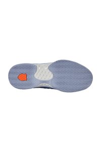Shoe sole with a textured light blue rubber surface. Features a white midsole and a bright orange accent in the heel region.