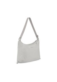 Borsa a spalla in tessuto grigio chiaro con tracolla regolabile, texture liscia e design semplice. Presenta un logo stampato sulla parte anteriore.