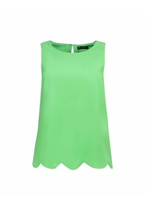 Mouwloze felgroene blouse met ronde hals en gegolfde zoom, met een kleine knoopsluiting aan de achterkant.