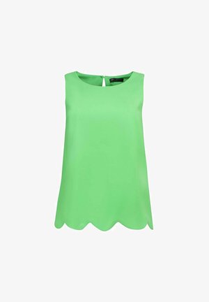 Mouwloze felgroene blouse met ronde hals en gegolfde zoom, met een kleine knoopsluiting aan de achterkant.