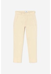 Beige katoenen broek met een slim fit, voorzien van voorzakken, een ritssluiting en een gestikt tailleband. Zachte textuur en geen zichtbare patronen.