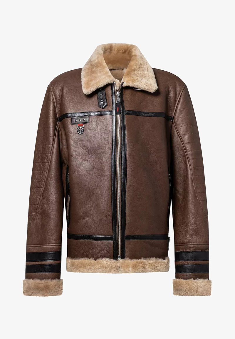 Braune Lederjacke mit Schafslederkragen, schwarzen Akzenten, Frontreißverschluss und Rippendesign an den Ärmeln. Mit Logo und detaillierter Steppung.
