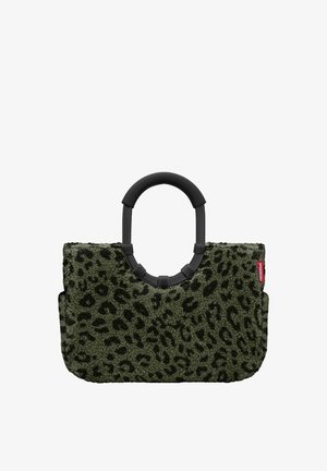 Green leopard print tote bag with a soft texture, black circular handle, and a red tag. Compact rectangular shape with subtle stitching details.