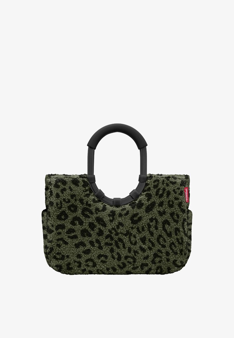 Green leopard print tote bag with a soft texture, black circular handle, and a red tag. Compact rectangular shape with subtle stitching details.